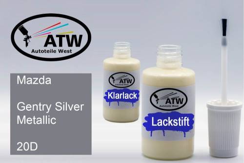 Mazda, Gentry Silver Metallic, 20D: 20ml Lackstift + 20ml Klarlack - Set, von ATW Autoteile West.